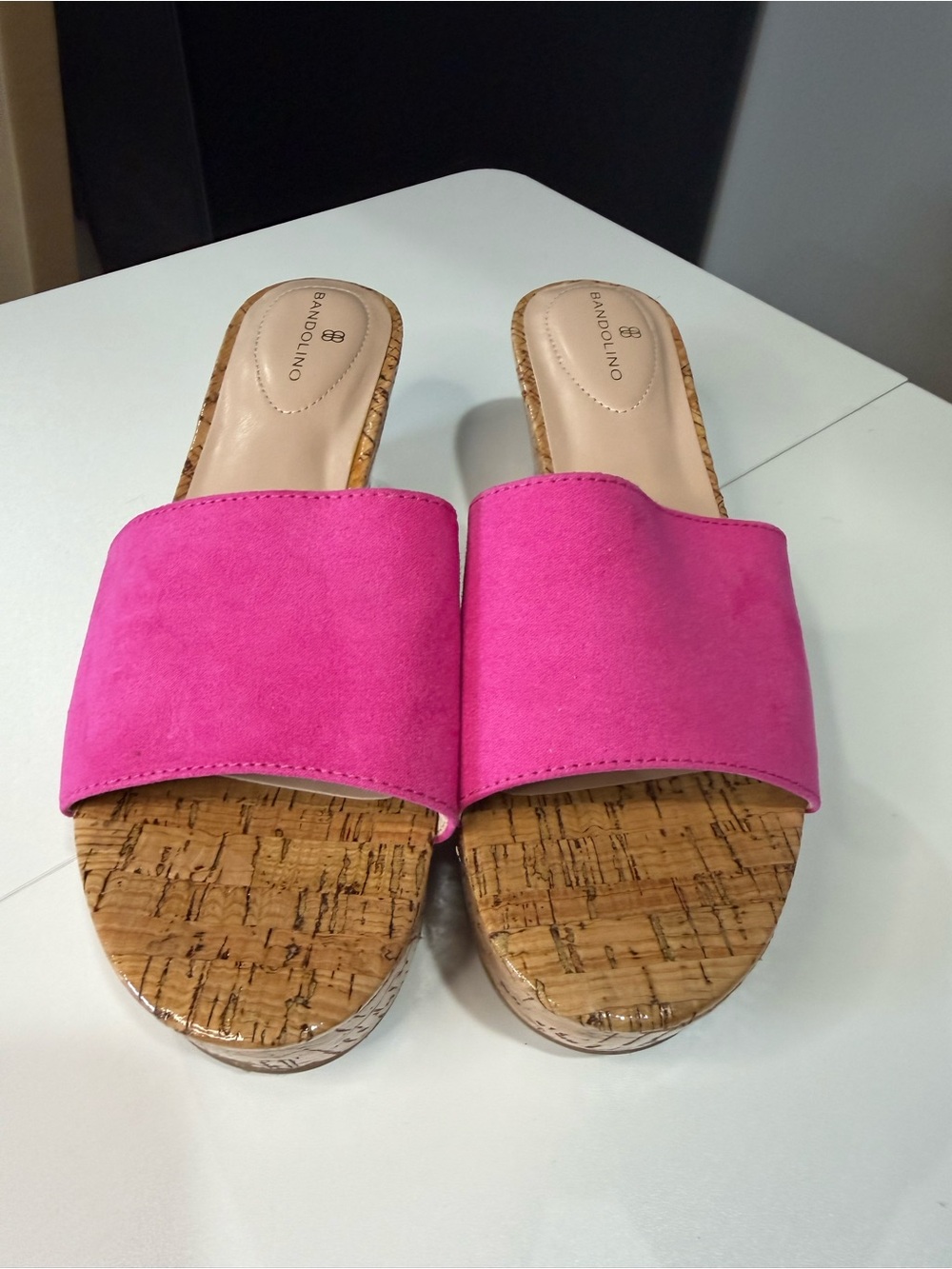 Bandolino Bright Pink Suede Cork Platform Slide Sandals